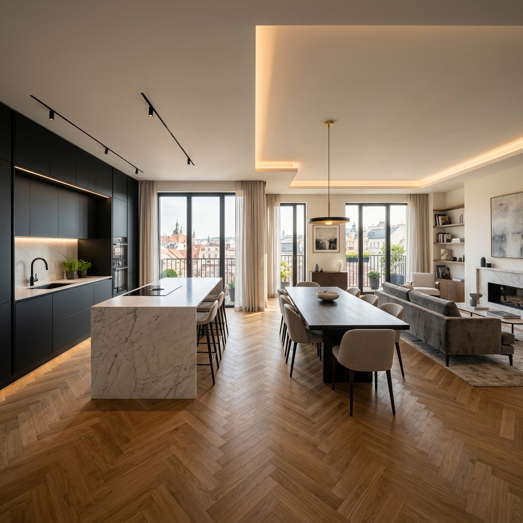 360 graden interieur view van gerenoveerd appartement